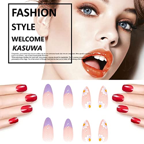 24Pcs Press On Nail Almond Fake Nail French Nail Tips Stick On Nails With Glue Coffin Fake Nails With Purple Daisy Design Full Cover False Nails For Nail Salon Decorations #TOP4