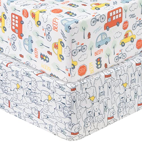 Image of Sammy & Lou 2 Pack Microfiber Fitted Crib Sheets, Transportation pups
