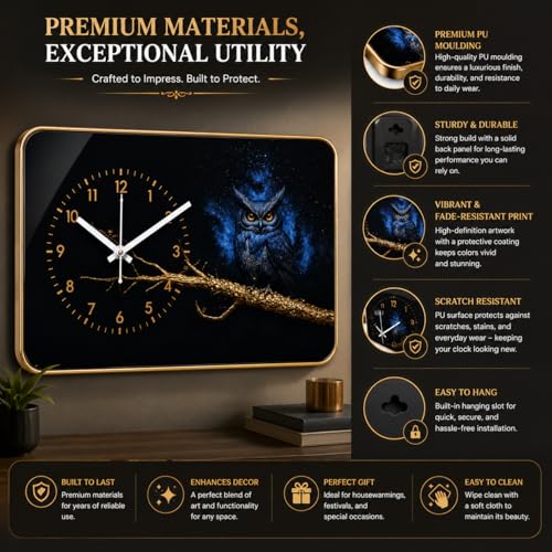 Image of Mystic Owl Wall Clock | Silent Sweep Movement | Vastu Compliant Luxury Decor | Evil Eye Nazar Protection Owl Art | Premium Home Decor Gift for Living Room, Bedroom, Office & Entrance 18 x 12 Inch