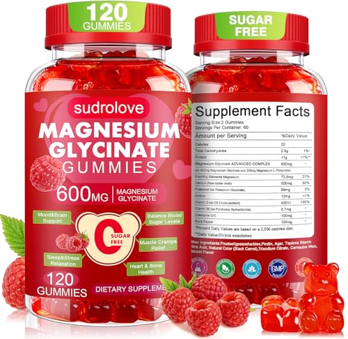 Magnesium Glycinate Gummies 600mg Sugar Free Magnesium & Potassium Dietary Supplement with Vitamin D B6 and CoQ10 for Calm Support & Sleep for Adults - High Absorption - Raspberry Gummies