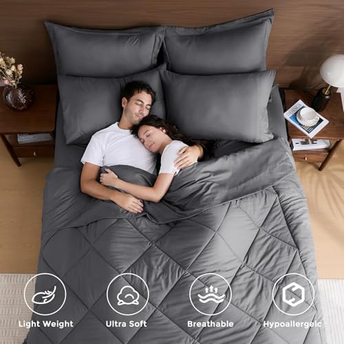 HEVUMYI 120x98 Oversized King Comforter Set Dark Grey- 7-Piece All Season Bed in a Bag Oversized King, Soft Bedding Set with Comforter, Flat Sheet, Deep Pocket Fitted Sheet, Pillowcases, Pillow Shams