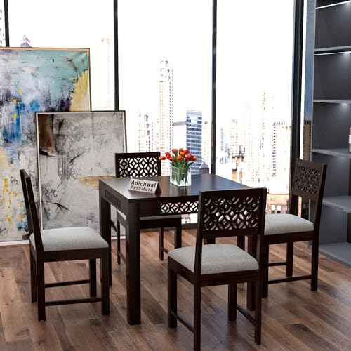 Image of Solid Sheesham Wood 4 Seater Dining Table Set with Cushioned Chairs for Dining Room | Living Room | Home & Office | Hotels Restaurant & Cafe (4 Seater, Walnut A)