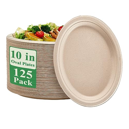 Vplus 100% Compostable Oval Paper Plates 10 inch 125 Pack