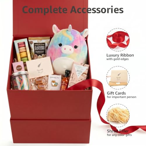 Image of LIFELUM Red Square Gift Box 8.6 x 8.6 x 8.6 inch, 1 Pack Gift Box with Lid Magnetic Closure Includes Greeting Card, Ribbon, Paper Filler for Wedding, Christmas, Birthday Gifts