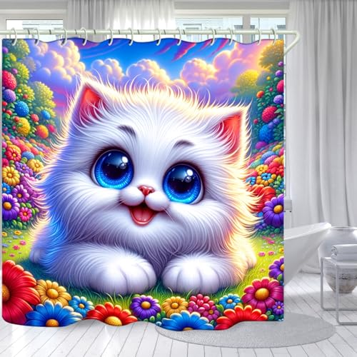 Image of LYFANS Bathroom Using White Cat 3D Shower Curtain, Deluxe Bathtub Standard Shower Curtain, Waterproof and Bright Fabric Shower Curtain with 12 White Hooks, Size (72x72 Inches)