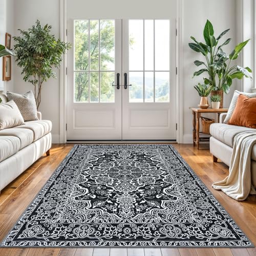 KUTA Vintage Area Rug 5x7 Black, Washable Rugs for Living Room Soft Non-Slip Printed Distressed Tribal Traditional Farmhouse Carpet for Bedroom Dining Room Dorm Office Home Decor