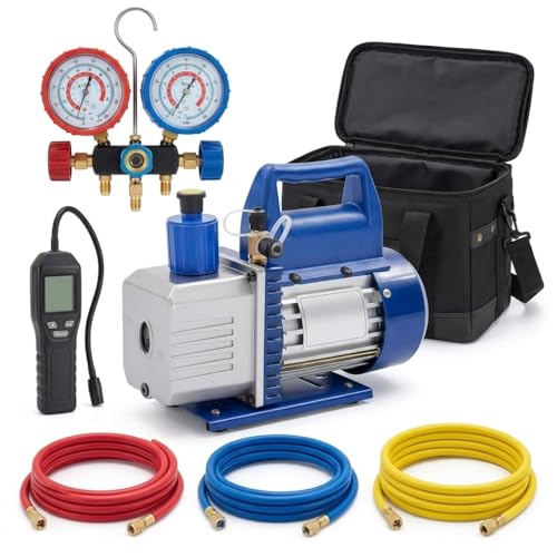 Kit de bomba de vacío de una etapa de 4 CFM con manómetro para R134a y detector de fugas, kit de herramientas HVAC para refrigeración AC certificado ETL, color azul