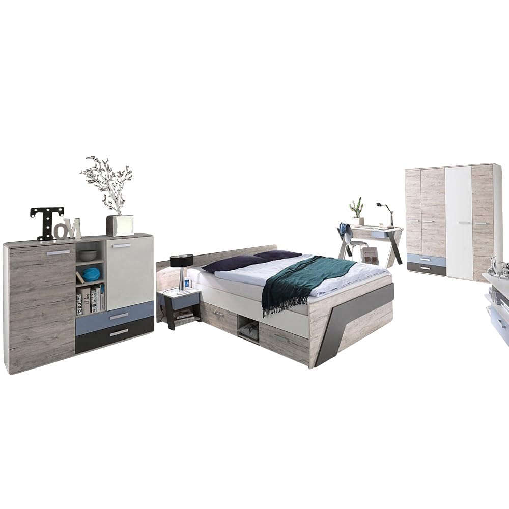 Lomadox Jugendzimmer Kinderzimmer Komplett Set, Eiche weiß Lava blau, 140 x 200 cm Jugendbett, Kleiderschrank, Schreibtisch, Nachttisch, Highboard-Kommode
