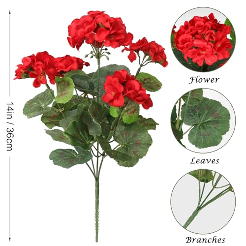 Dremisland 6 Pack Artificial Geranium Flowers for Outdoors Red Geranium Silk Flowers Outdoor UV Resistant Garden Plants Bush Faux Flowers for Home Wedding Table Centerpieces Decor image 8