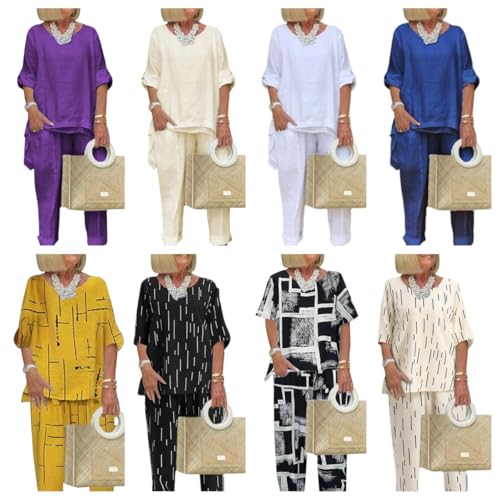 Linen Pant Suits for Women Plus Size 2 Piece Set Outfit Casual Crew Neck Long Sleeve Top Wide Leg Pants Set2