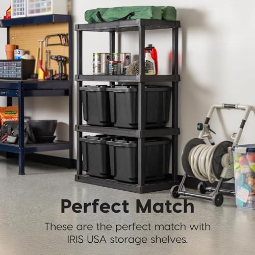 Image of IRIS USA 4-Pack 12 Gallon Storage Bins with Lids |Made in USA| Heavy Duty Plastic Tote Containers for Truckbed Tool Box Organization, Large - Black