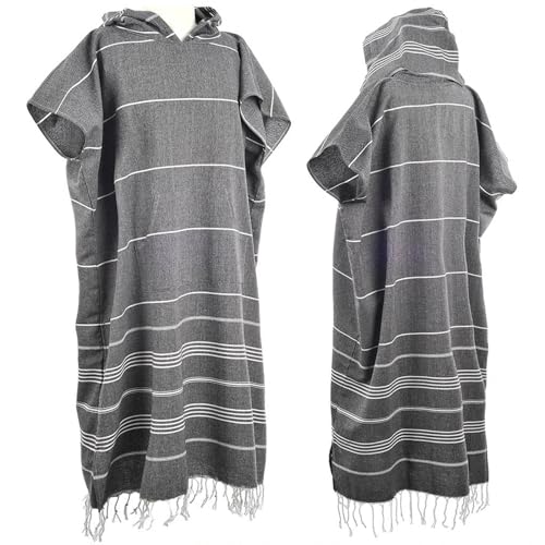 1pcs Large Turkish Cotton Poncho Towel Surf Poncho Changing Robe with Hood and Front Pocket Absorbent Wearable Towel Hooded Beach Towel for Adult Man Women Surf Beach Pool and Swim (Grey, M)