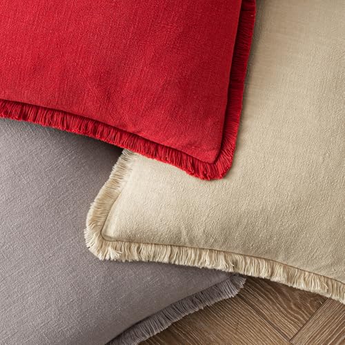 Image of MIULEE Decorative Throw Pillow Covers Neutral Linen Fringe Throw Pillows Set of 2 Red Boho Farmhouse Cushion Covers with Tassels for Couch Sofa Bed Living Room Spring Home Decor 18x18 Inch