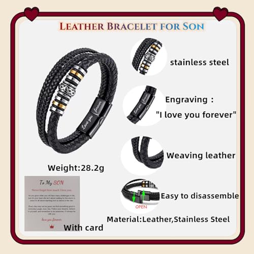 Pulsera de cuero para hombre GAUEIOUR negra miniatura 2