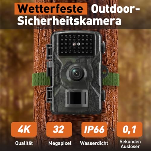 HSSNS Wildkamera, 60MP 4K Video Wildtierkamera, 0,1 Sekunden ausgelöste IP66 wasserdichte Wildkamera mit Nachtsicht und Infrarotfunktion zur Tierüberwachung