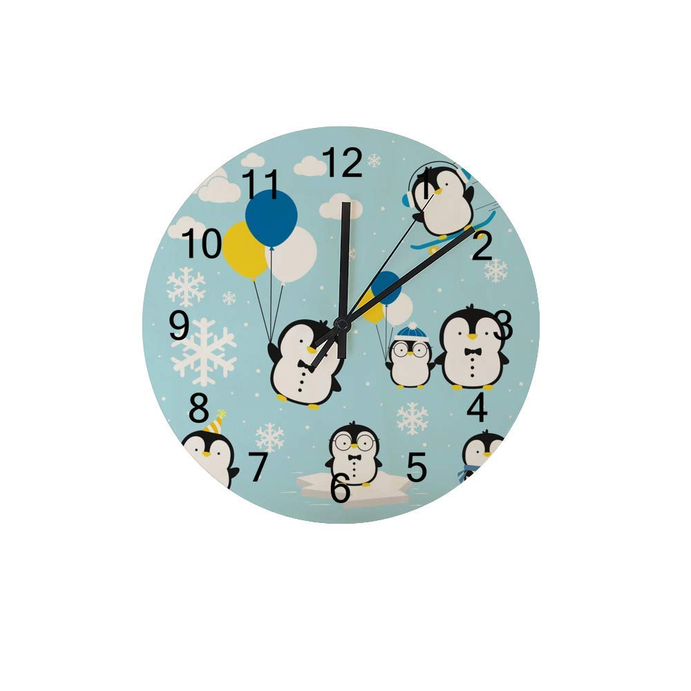 Horloge murale motif petits pingouins bleu en bois pour chambre enfant