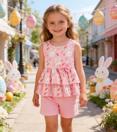 Image of Girls 2 Piece Outfit Summer Short Set Sleeveless Bow Knot Tank Top and Shorts Cute Clothes for Toddler Girls
