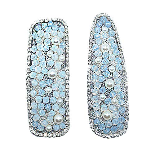 HANGOOD 2 Pieces Rhinestone Metal Snap Hair Barrettes for Women Girls Vintage Decorative Design Non-Slip Shiny Side Bangs Hairpins for Medium Thick Hair (Blue)