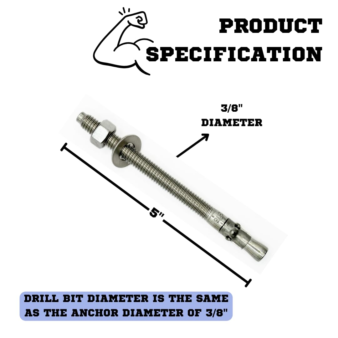 MIGHTY FASTENERS Ancoraggio a cuneo in acciaio inossidabile 316, 3/8-16 x 5, resistente alla corrosione, per applicazioni in calcestruzzo e muratura, confezione da 5