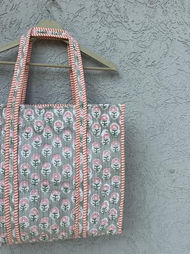 Image of Quilted Cotton Hand printed Reversible Large multicolor cotton Tote Bag,Indian Handmade Block Printed Tote Bag Women Handbag