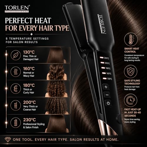 Image of TORLEN Professional Hair Straightener TOR-049 | Wide 38mm Tourmaline Ceramic Floating Plates | 5 Temperature Settings 130C-230C | Fast 30 Sec Heat Up | Auto Shut Off | Hair Straightener for Thick, Long & Frizzy Hair
