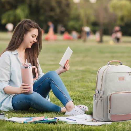 Image of LOVEVOOK Laptop Backpack for Women with Pouch Pocket for Large Capacity Cup,15.6 Inch Laptop Computer Bag Travel Backpack Purse,Waterproof Work Business Backpack College Teacher Bags,Gray-Pink