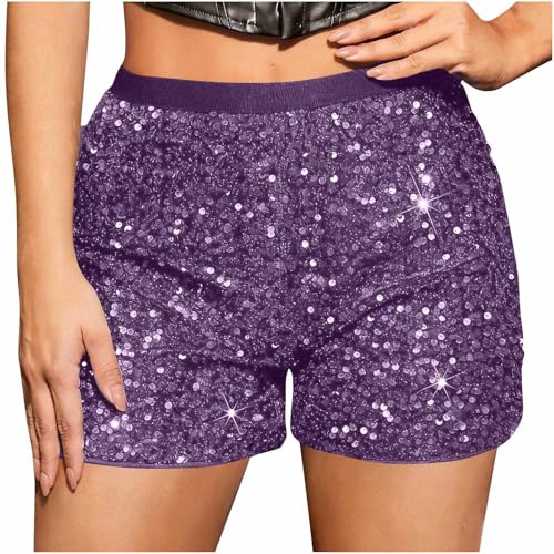 Women's Glitter Sequin Mini Shorts Straight Leg Elastic High Waist