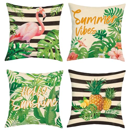 Joymaison Housse Coussin 45x45 Lot de 4 Été Tropical Feuilles Fleurs Taie d'Oreiller Flamant Rose Ananas Rayures Housse d'Oreiller pour Coussins Canapé...