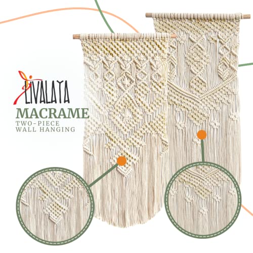 LIVALAYA Boho Macrame Wall Hanging Woven Decor, 24”L x 13”W, Set of 2, Beige wall decor Modern Bohemian Farmhouse woven wall hangings for House Apartment Dorm Room, Nursery, Geometric Aztec Décor - Image 5