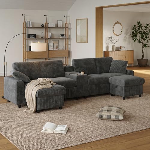 Soweiz Sofá en forma de U de Corduroy, incluye 2 reposapiés con función de almacenamiento, mesa de centro, 2 soportes para bebidas, 1 puerto USB, 2 tomas de corriente y 2 puertos tipo C, 315 x 81 x