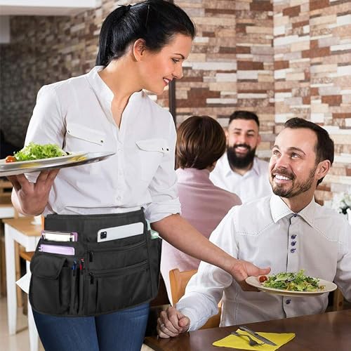 Miniatura 7 de Rexmica Delantal De Camarera Con Múltiples Bolsillos, Mandil De Camarero, Medio Delantal Con Cinturón Ajustable Para Mujer Y Hombre, Porta Herramientas Cintura Para Restaurante, Bistró, Cocina, Negro