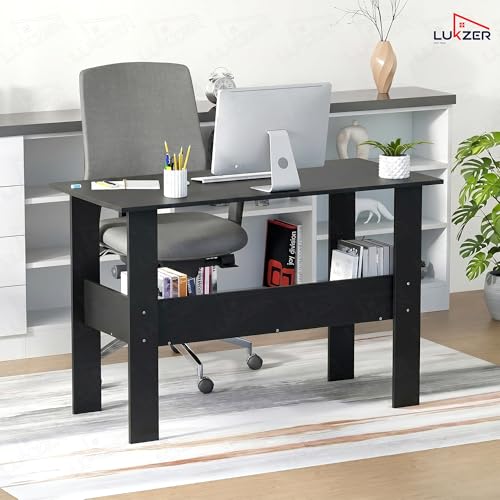 Image of Lukzer Engineered Wood Computer Desk with One Tier Shelves Laptop Study Table for Office Home Workstation Writing Modern Desk (ST-004 / Black / 90 x 50 x 75 cm)