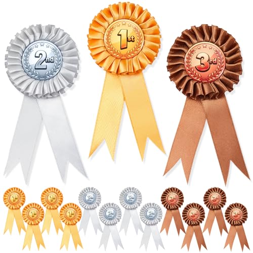 Tenare 12 Pcs Award Ribbon Rosette Set 1st 2nd 3rd Place Recognition Awards Gold Silver Bronze Rosette Ribbons for School Sports Day Competitions Classroom Prize Talent Performances