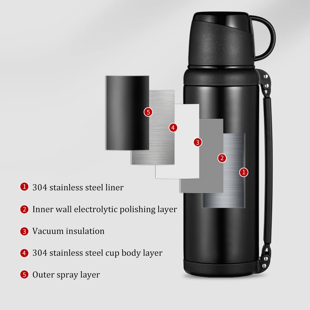 Isoliertopf Thermoskanne aus Edelstahl mit großem Fassungsvermögen, doppelwandige vakuumisolierte Wasserflasche für unterwegs, tragbarer Reisetopf für Outdoor-Fitness, Campingkaffe