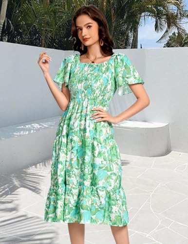 Image of Bbonlinedress Womens Casual Floral Summer Smocked Beach Party Boho Midi Square Neck Dress