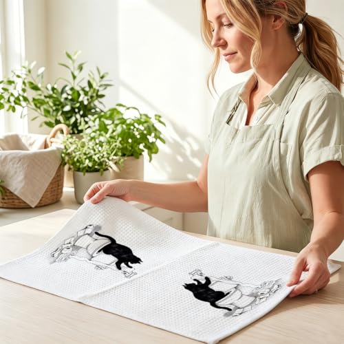 Image of Hanamiya Na 2Pcs Funny cat Hand Towel for Bathroom 24x14 Inch, Funny Absorbent Microfiber Dish Cloth Bathroom Towel, Waffle Weave Hand Towels for Toilet Home, Cat Lover Gifts