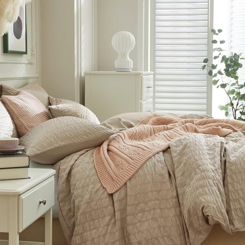 Image of JELLYMONI Seersucker Duvet Cover Set Twin, 3pcs Khaki Polyester | In Dorm & Kids Room, Single Sleepers Pick, Crinkled Texture, Oeko-Tex Certified, 8 Corner Ties & Hidden Zipper