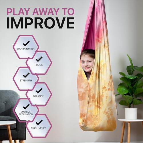 Image of Indoor Sensory Swing for Kids or Outdoor - Holds 300lbs, Double-Layer, & 360 Swivel, Calming Compression Therapy Swing Hammock for Kids & Adults with All Hardware - Sensory-Motor Toys & Gifts