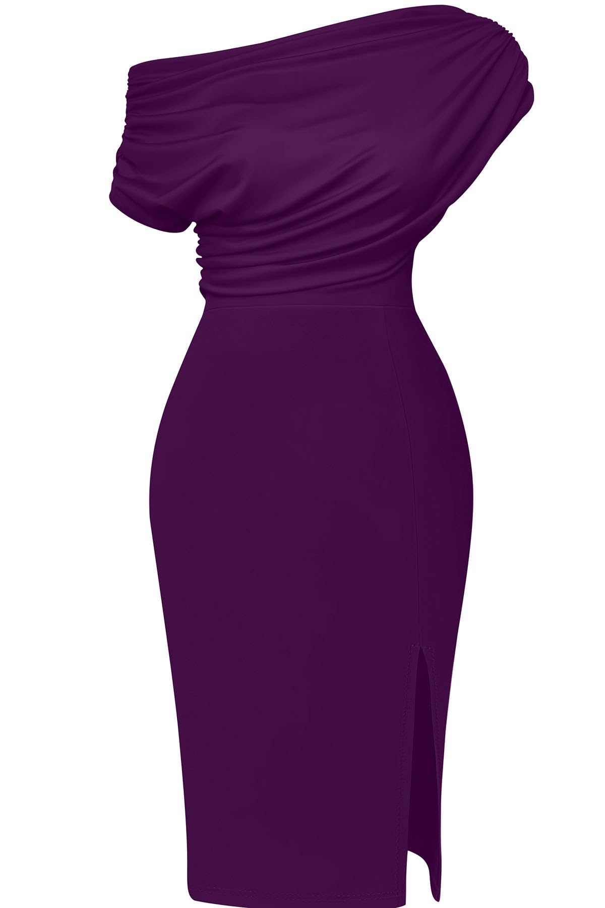 Memoriesea Women's Elegant Off Shoulder Split Hem Bodycon Ruched Midi Club Party Dress