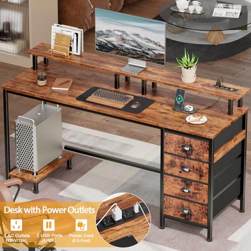 Furologee 55 Inch Computer Desk Gaming with 4 Fabric Drawers with Power Outlets and LED Lights for Home Office with Full Monitor Stand and Shelf Study Table for Small Spaces Rustic Brown