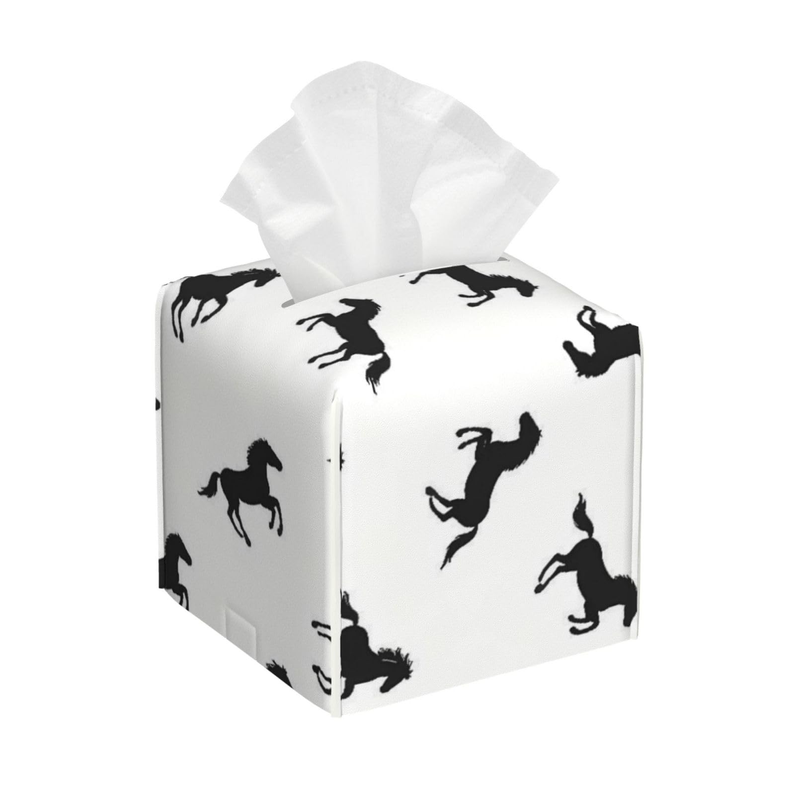 Horse Black Leather Tissue Box Cover Holder Square Facial Paper Organizer 5.2" X 5.2" X 5.2"