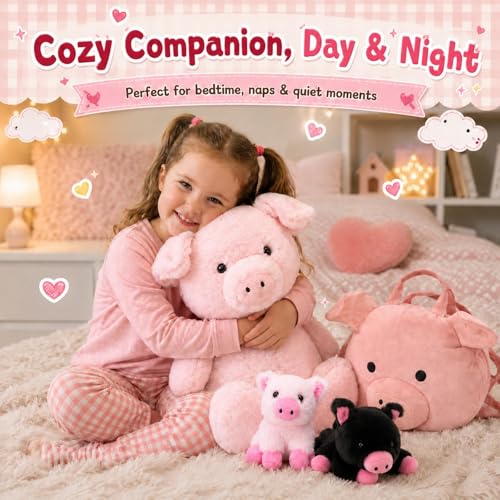 Image of Pig Stuffed Animal with 2 Babies and Backpack, 21 Inch Pink Plush