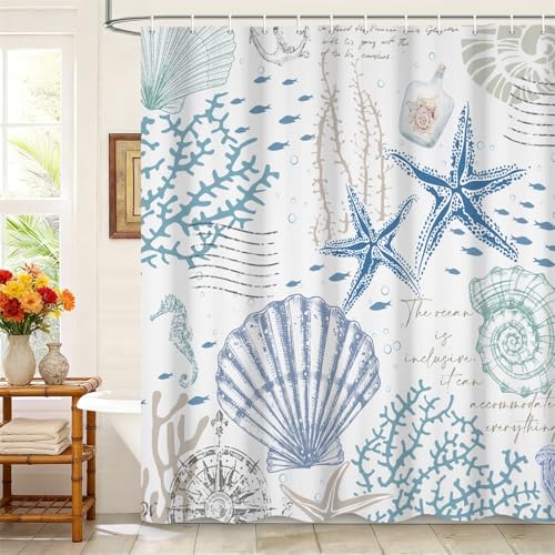 Kzzfqxb 90x183cm Cortinas de Ducha para niños, Impermeable Vida Marina Estrella de mar Caparazón Concha de Coral Mundo Submarino, Ganchos de Tela de poliéster con, Decoración Azul Blanca para baño