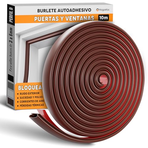 HOGARLAX 10M - Burlete Puerta Entrada, Burlete Ventana, Junta de Goma Adhesiva, Aislante Térmico Ventanas y Puertas, Aislante Acústico - Tira de Sellado Autoadhesivo para Huecos de 3 a 6 mm (Marrón)