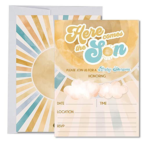 Partiness Here Comes The Son Baby Shower Invitations for Boy, Boho Sun Summer Baby Shower Decorations and Supplies, 20 Retro Watercolor Fill-In Invites + Envelopes