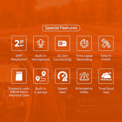 Image of Trueview 4G SIM Dash Camera for Car with Live Remote Monitoring | GPS Vehicle Tracking | 1080P Full HD Recording | Parking Surveillance | TrueCloud App | G-Sensor | Built-in Mic | Supports 128GB Card