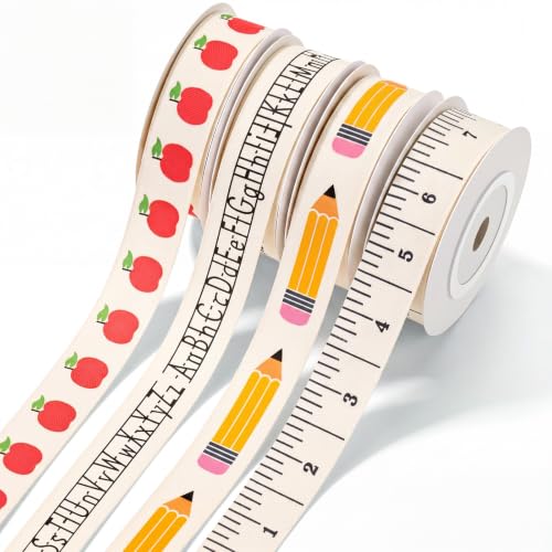 Suncalla 20 Yards Back to School Ribbons 5/8 Inch Pencil Ruler Alphabet Apples Cotton Ribbon for Wrapping Gift Welcome School Party Decor Teacher Appreciation Gift Wrapping DIY Supplies(Assorted Pack)