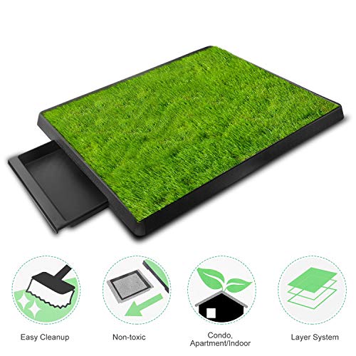 Image of TeqHome Dog Grass Pad with Tray, Dog Litter Box, Reusable Artificial Pee Grass Pad for Dogs Indoor & Outdoor, Dog Potty Tray, Washable Puppy Pee Pad Turf for Dogs to Pee on Balcony Patio (25 inch x 21 inch)