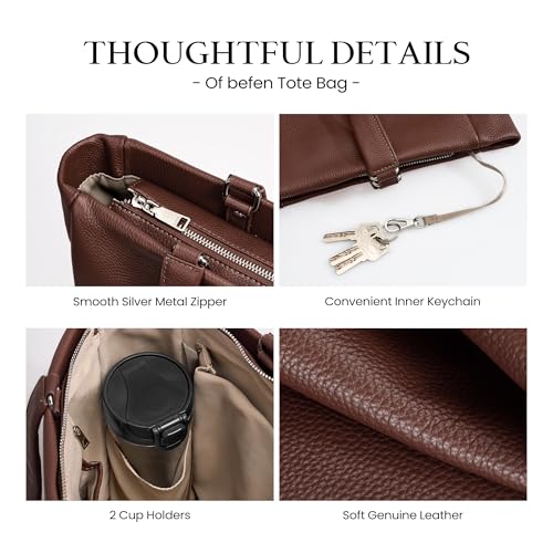 Image of befen Genuine Leather Work Tote Bag for Women with 15 inch Compartment | Real Leather, 15 inch Laptop Sleeve, Trolley Strap, Zipper, Cup Holder
