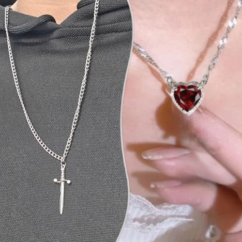 Heart and Sword Couples Necklace Gold Stainless Steel Pink Heart Zirconia Chain Trendy Matching Sword Through Heart Necklace Set Romantic Necklaces for friend Couple3